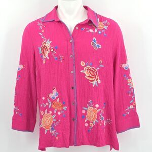 Calessa Embroidered Floral Button Up Down Front Tunic Top Womens Size Large Boho